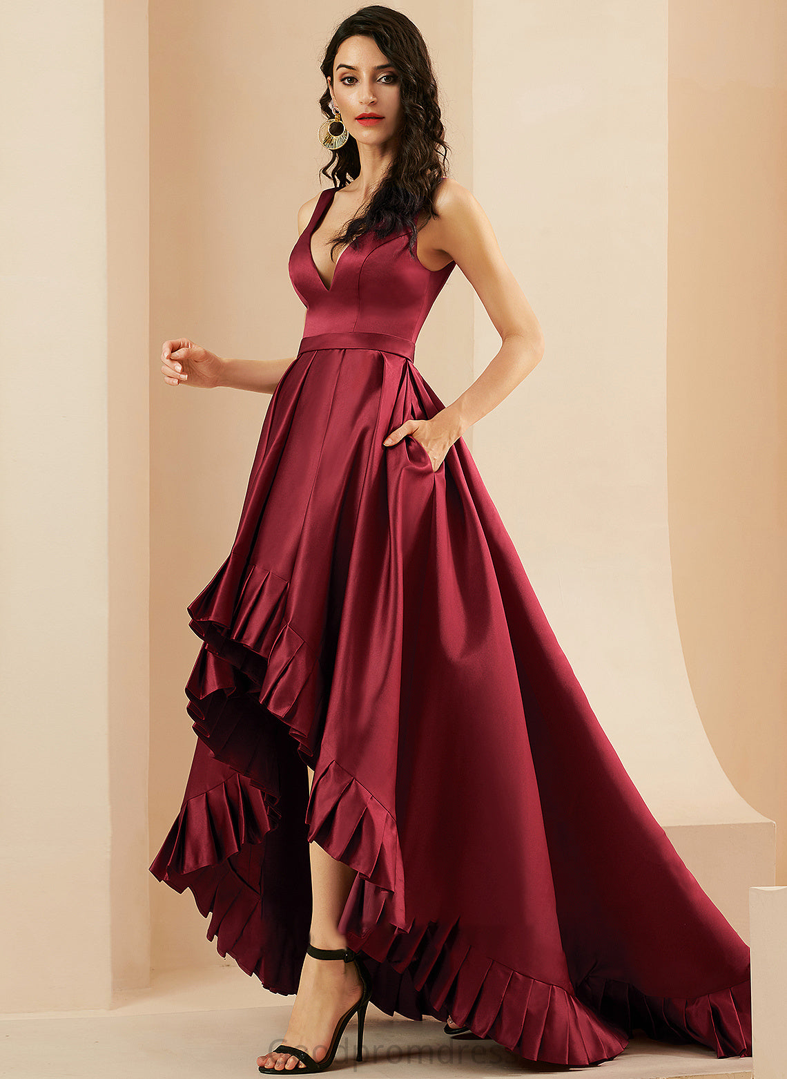 Asymmetrical Satin Ball-Gown/Princess With V-neck Pockets Jan Prom Dresses