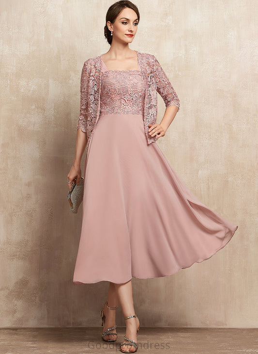 of Square Tea-Length Mother of the Bride Dresses Elliana Sequins the Neckline Bride Dress With Beading Mother Lace Chiffon A-Line