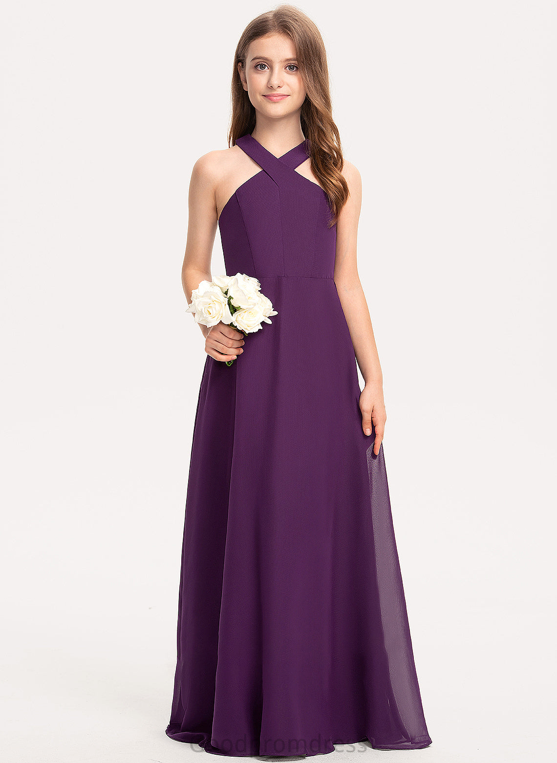 Floor-Length A-Line Hillary Junior Bridesmaid Dresses V-neck Chiffon