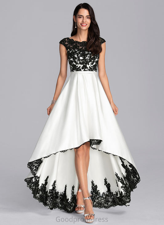 Lace Satin Asymmetrical Scoop Prom Dresses Blanche A-Line Illusion