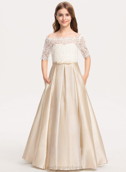 Neveah Pockets Bow(s) Lace Floor-Length With Junior Bridesmaid Dresses Ball-Gown/Princess Off-the-Shoulder Satin