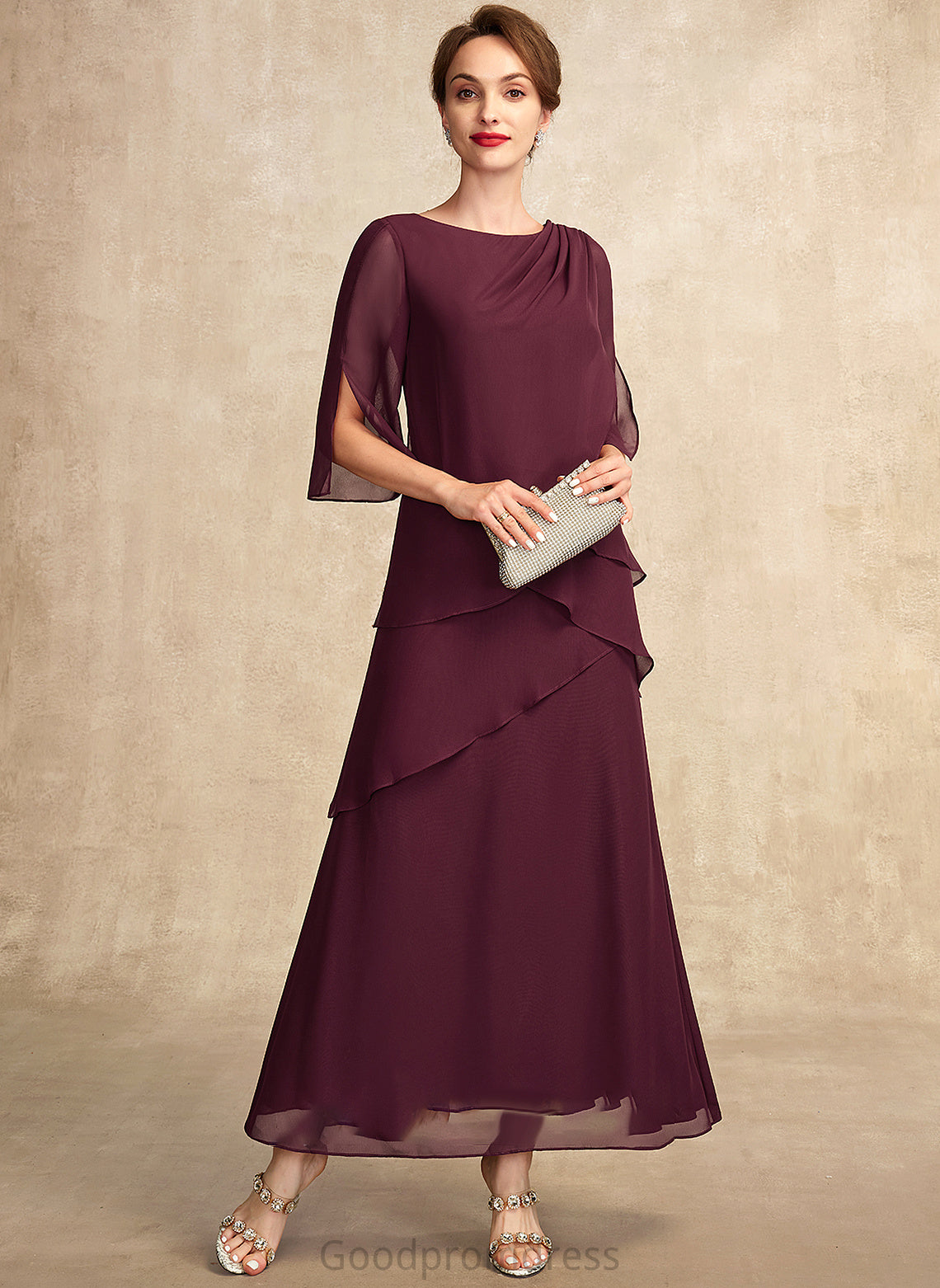 Bride of Mother of the Bride Dresses Scoop Chiffon Ruffles the With Cascading Ankle-Length Yasmine Mother A-Line Neck Dress