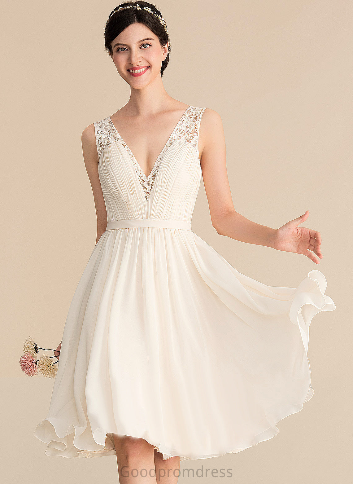 Cocktail Dresses With Lace Knee-Length Dress Chiffon Emely V-neck Ruffle Cocktail A-Line