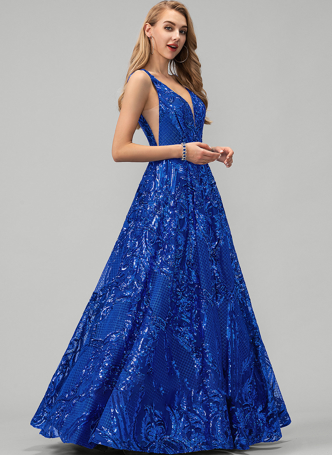 Josie Sequins V-neck With A-Line Floor-Length Prom Dresses Sequined