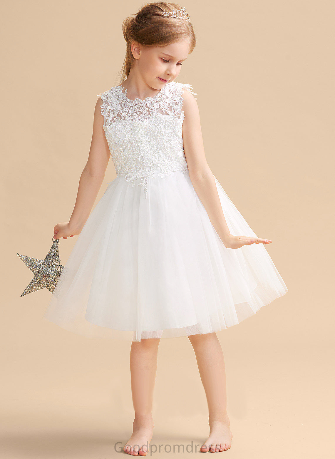 A-Line/Princess Sleeveless Back Knee-length With - Flower Neck Satin/Tulle/Lace Dress Brooklyn Scoop Flower Girl Dresses Girl Hole