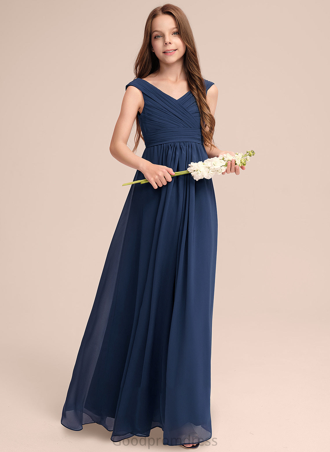 Off-the-Shoulder A-Line Floor-Length Breanna With Ruffles Junior Bridesmaid Dresses Chiffon