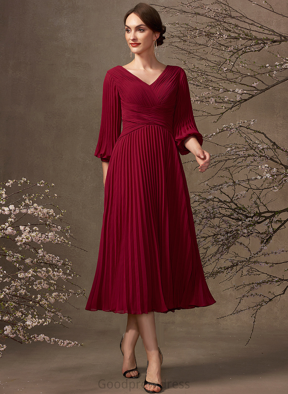 Chiffon V-neck Bride Dress Mother the A-Line of Mother of the Bride Dresses With Tea-Length Harper Pleated