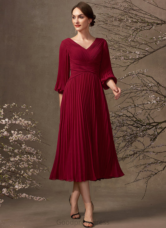 Chiffon V-neck Bride Dress Mother the A-Line of Mother of the Bride Dresses With Tea-Length Harper Pleated