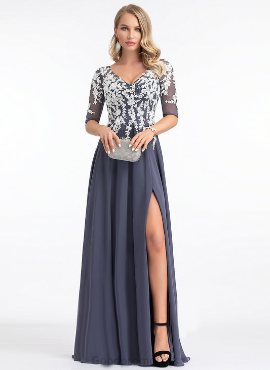 A-Line V-neck Floor-Length Lace Chiffon Arielle Prom Dresses