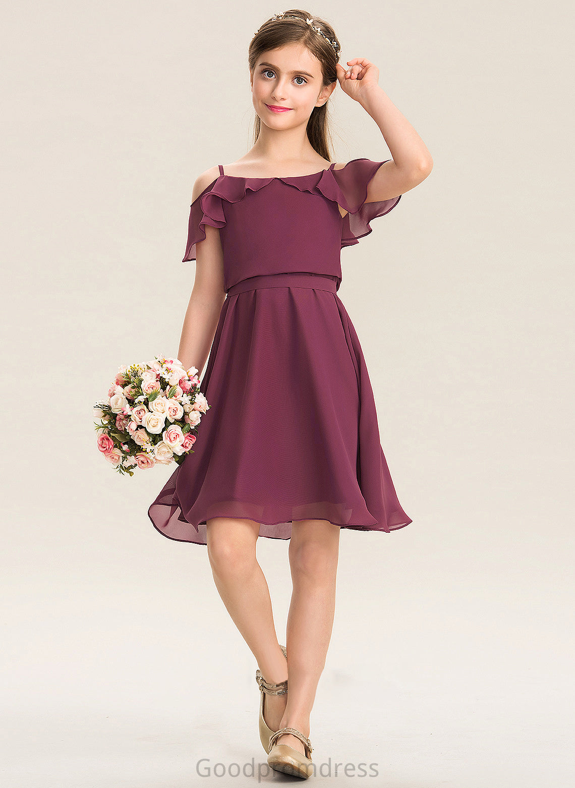 Off-the-Shoulder With Junior Bridesmaid Dresses Knee-Length Cascading Chiffon Bow(s) A-Line Juliet Ruffles