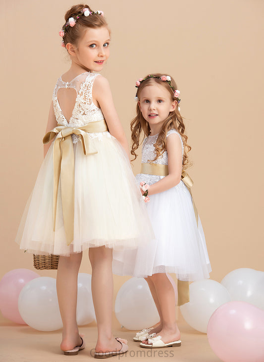 Flower Girl Dresses sash) (Detachable Sash/Beading/Back A-Line Tulle/Lace Scoop Neck Flower Knee-length Girl Hole Jayda - Dress With Sleeveless