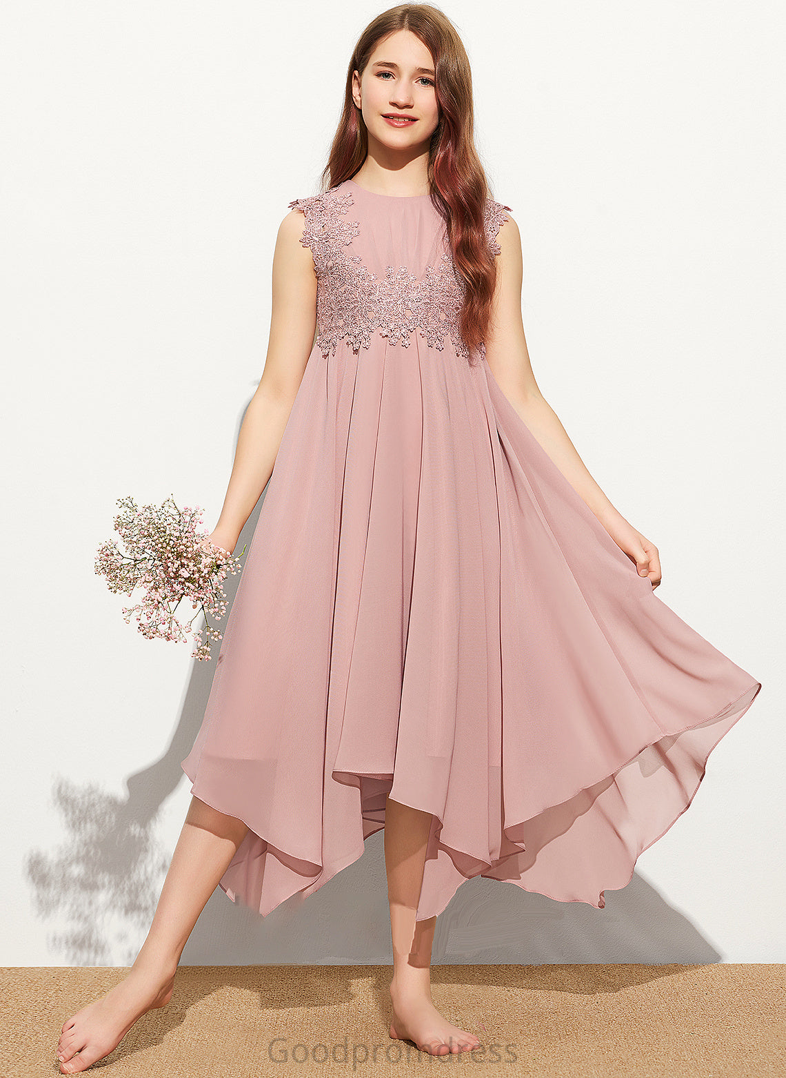 A-Line Chiffon Junior Bridesmaid Dresses Mollie Lace Tea-Length Scoop Neck