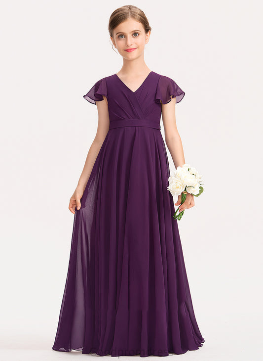 A-Line Gisselle V-neck Bow(s) Chiffon With Cascading Junior Bridesmaid Dresses Ruffles Floor-Length