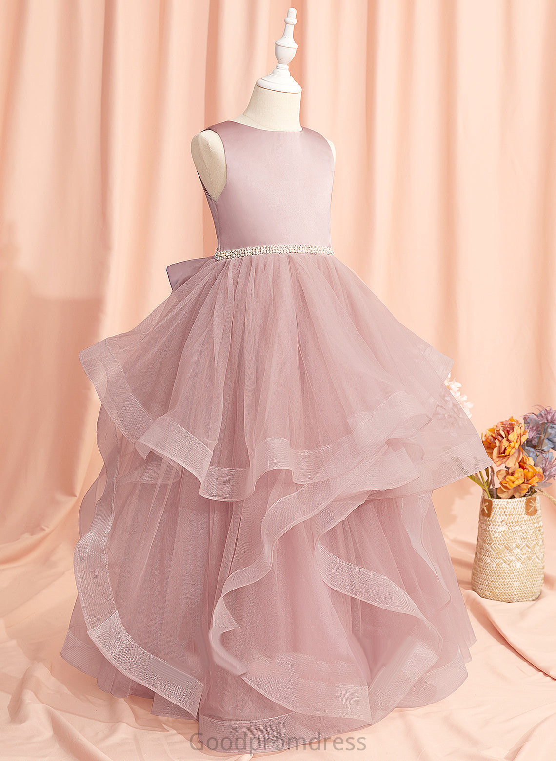 Girl - Sleeveless Ball-Gown/Princess Back Dress Flower Girl Dresses Floor-length Flower Neck Tulle April Scoop With Beading/Bow(s)/V