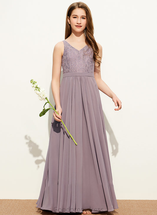 Floor-Length Rosalie Junior Bridesmaid Dresses V-neck Chiffon Lace A-Line