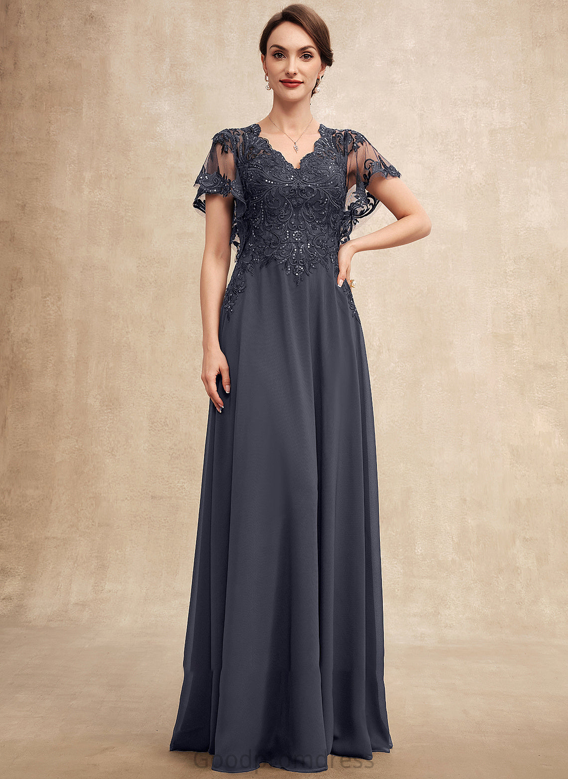 the A-Line Bride With Mother Ayla Mother of the Bride Dresses Dress Chiffon Floor-Length Sequins of V-neck Lace