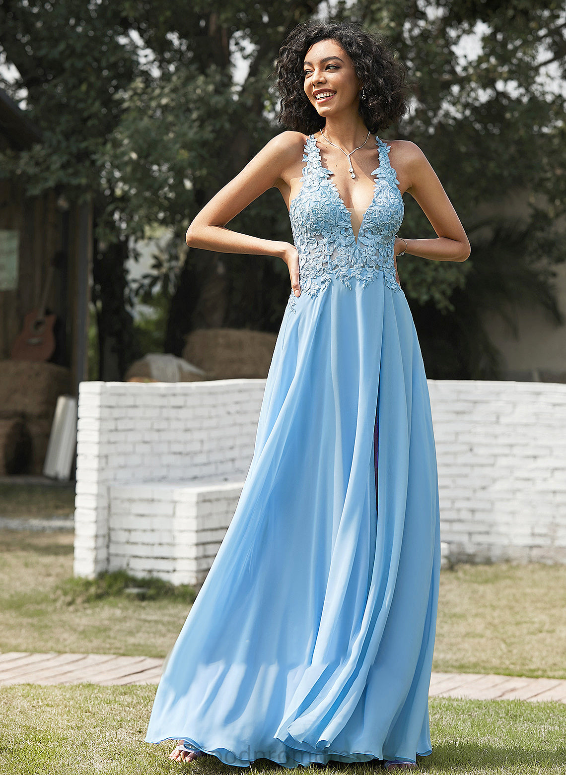 V-neck Prom Dresses Chiffon With Meadow A-Line Lace Floor-Length