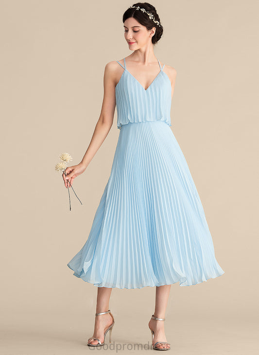 Fabric Neckline V-neck Tea-Length A-Line Pleated Silhouette Length Embellishment Tori Natural Waist A-Line/Princess Bridesmaid Dresses