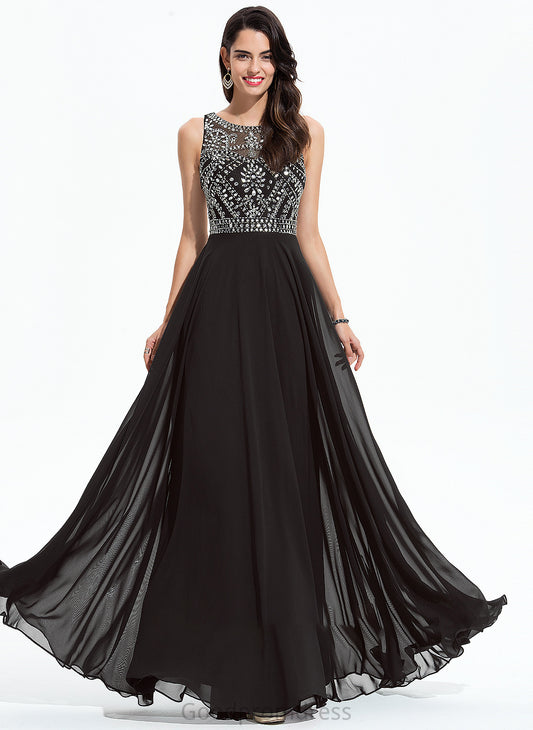 A-Line Scoop Beading Sequins Neck Chiffon Aylin Prom Dresses Floor-Length With