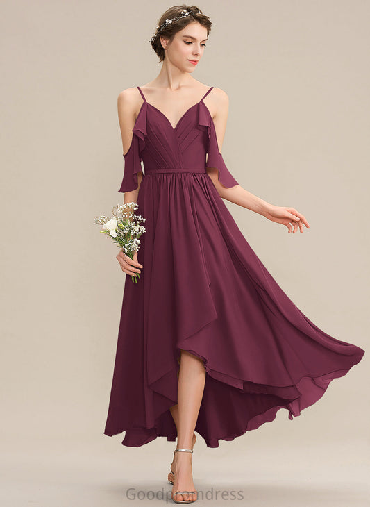 Embellishment Length V-neck Asymmetrical Fabric CascadingRuffles Neckline A-Line Silhouette Meadow Sleeveless V-Neck Bridesmaid Dresses