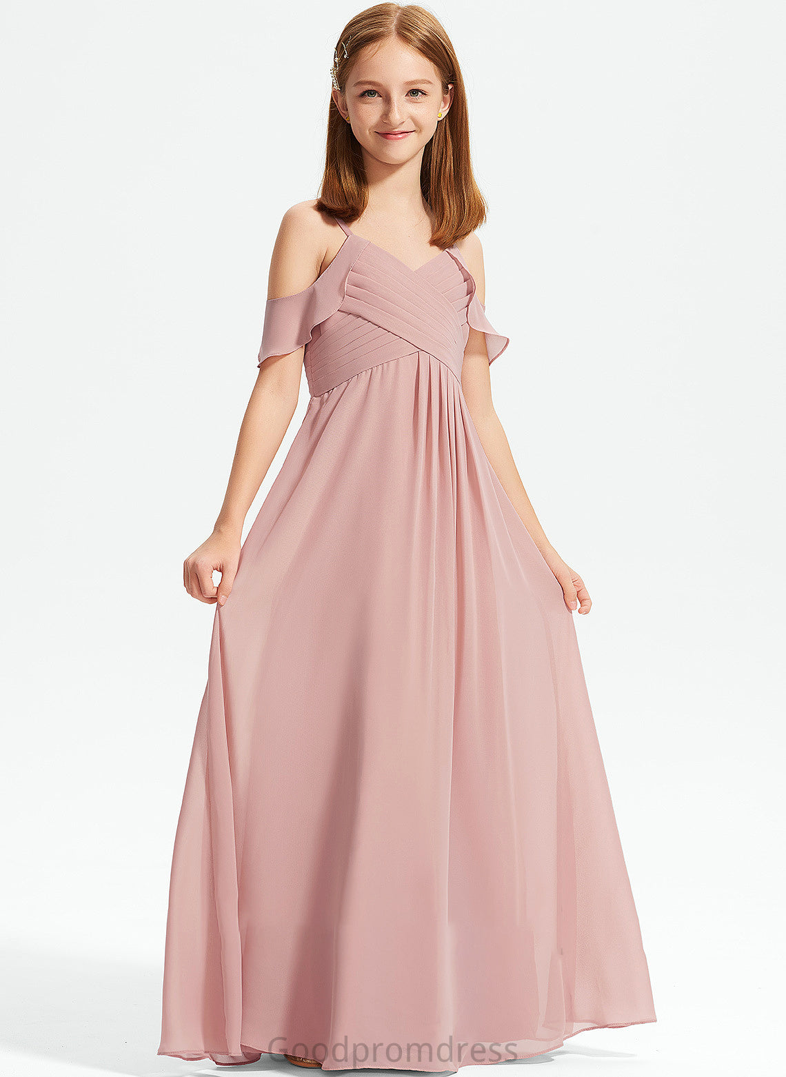 Chiffon Off-the-Shoulder With Ruffles Marin Floor-Length Cascading A-Line Junior Bridesmaid Dresses