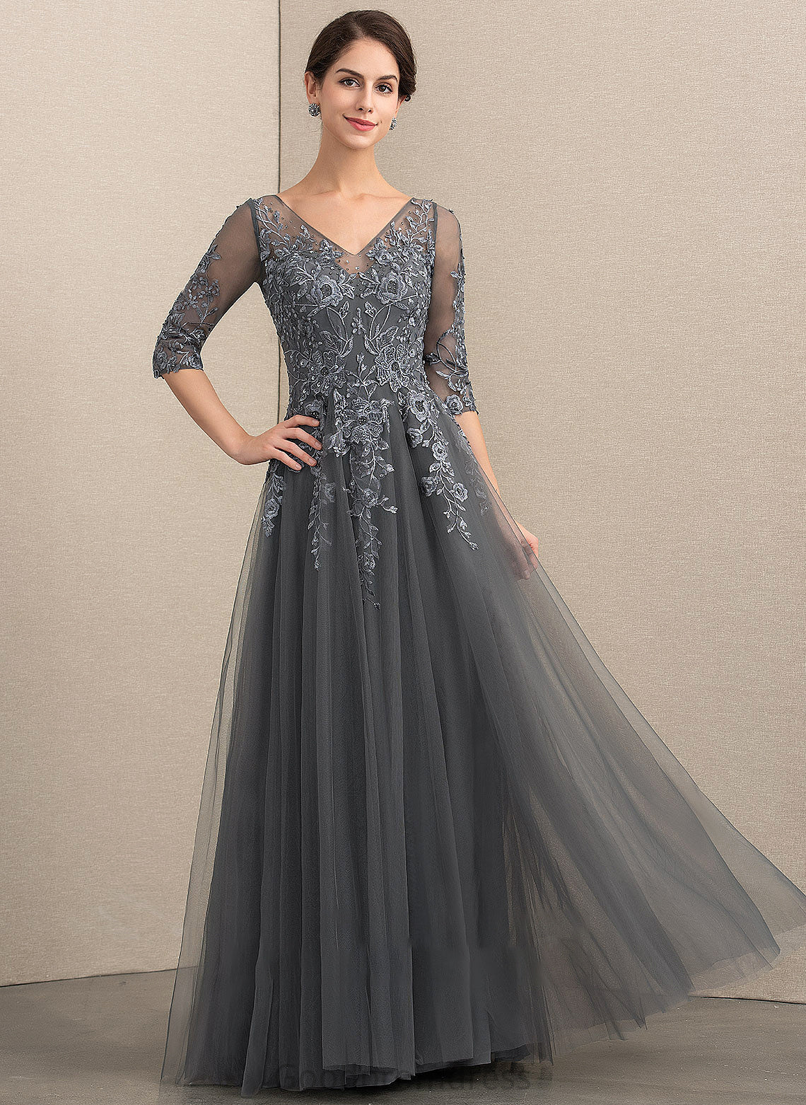 With Bride V-neck Mother of the Bride Dresses Beading Tulle of A-Line Mother Lace Sequins Dress Presley Floor-Length the