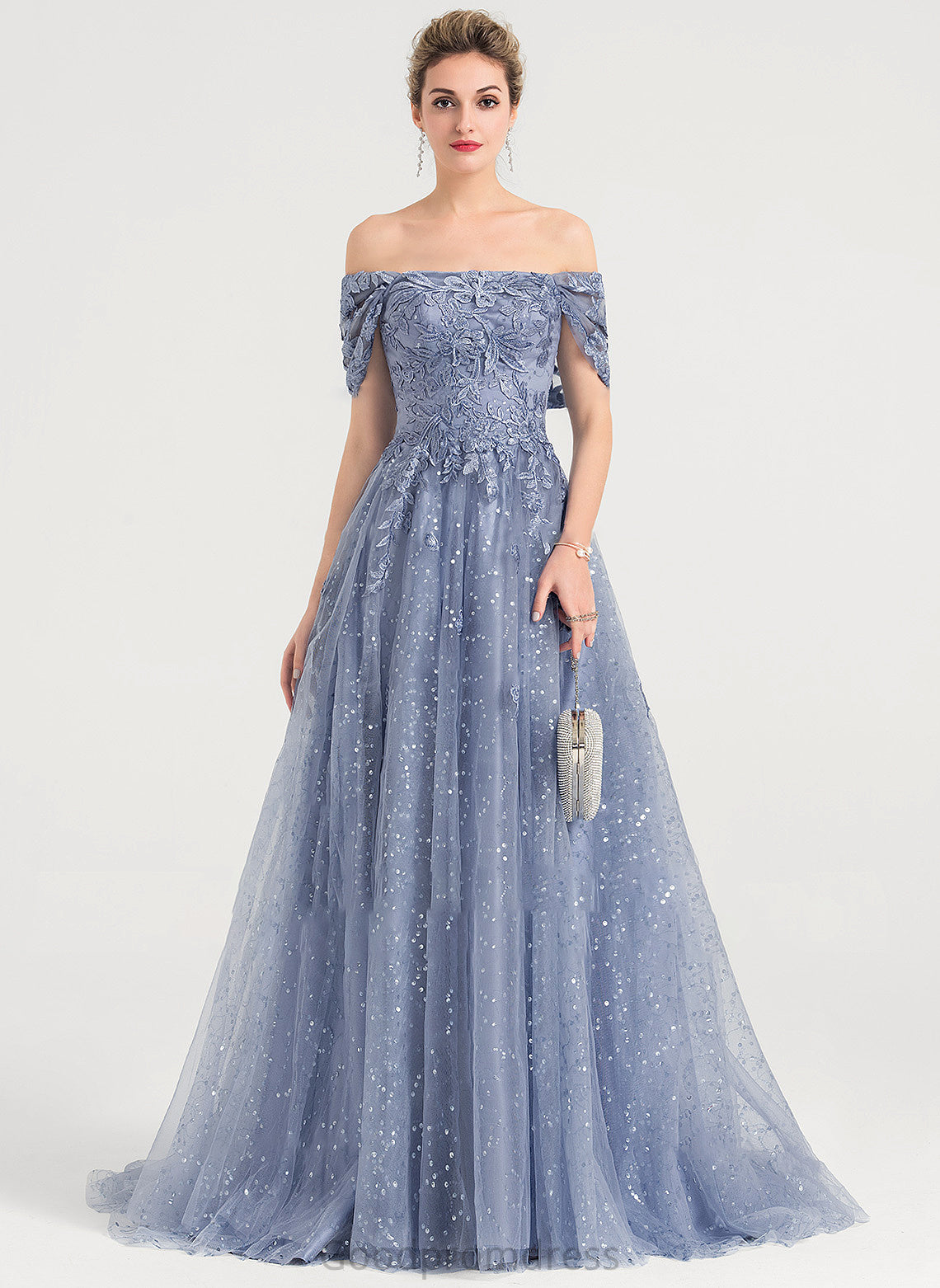 Sweep Tulle Sequins Ball-Gown/Princess Train Alessandra With Off-the-Shoulder Prom Dresses