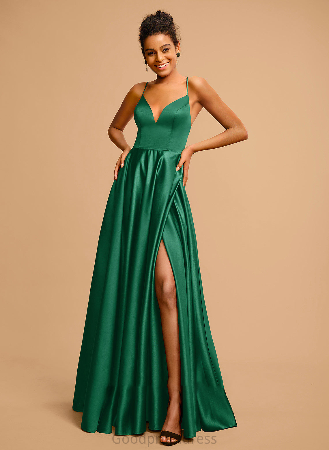 V-neck Satin Elliana A-Line Prom Dresses Floor-Length