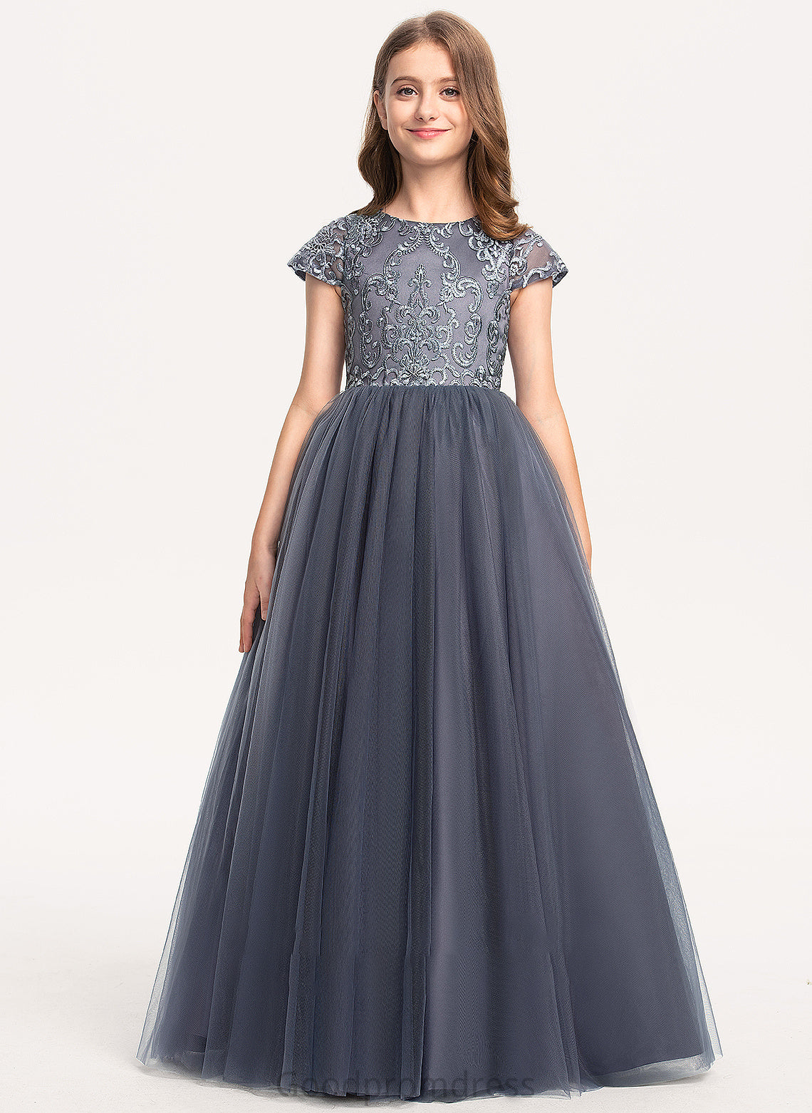 Junior Bridesmaid Dresses Ball-Gown/Princess Lace Floor-Length Neck Jaslene Scoop Tulle