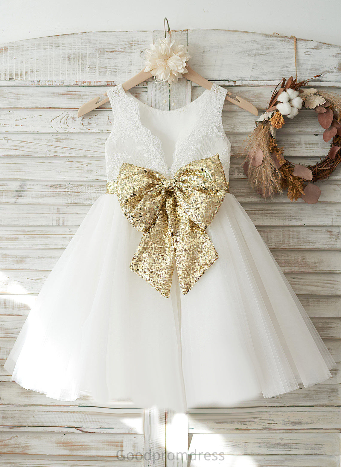 Flower Knee-length Adelyn A-Line - Neck With Girl Scoop Back Flower Girl Dresses Bow(s)/V Dress Tulle/Lace/Sequined Sleeveless