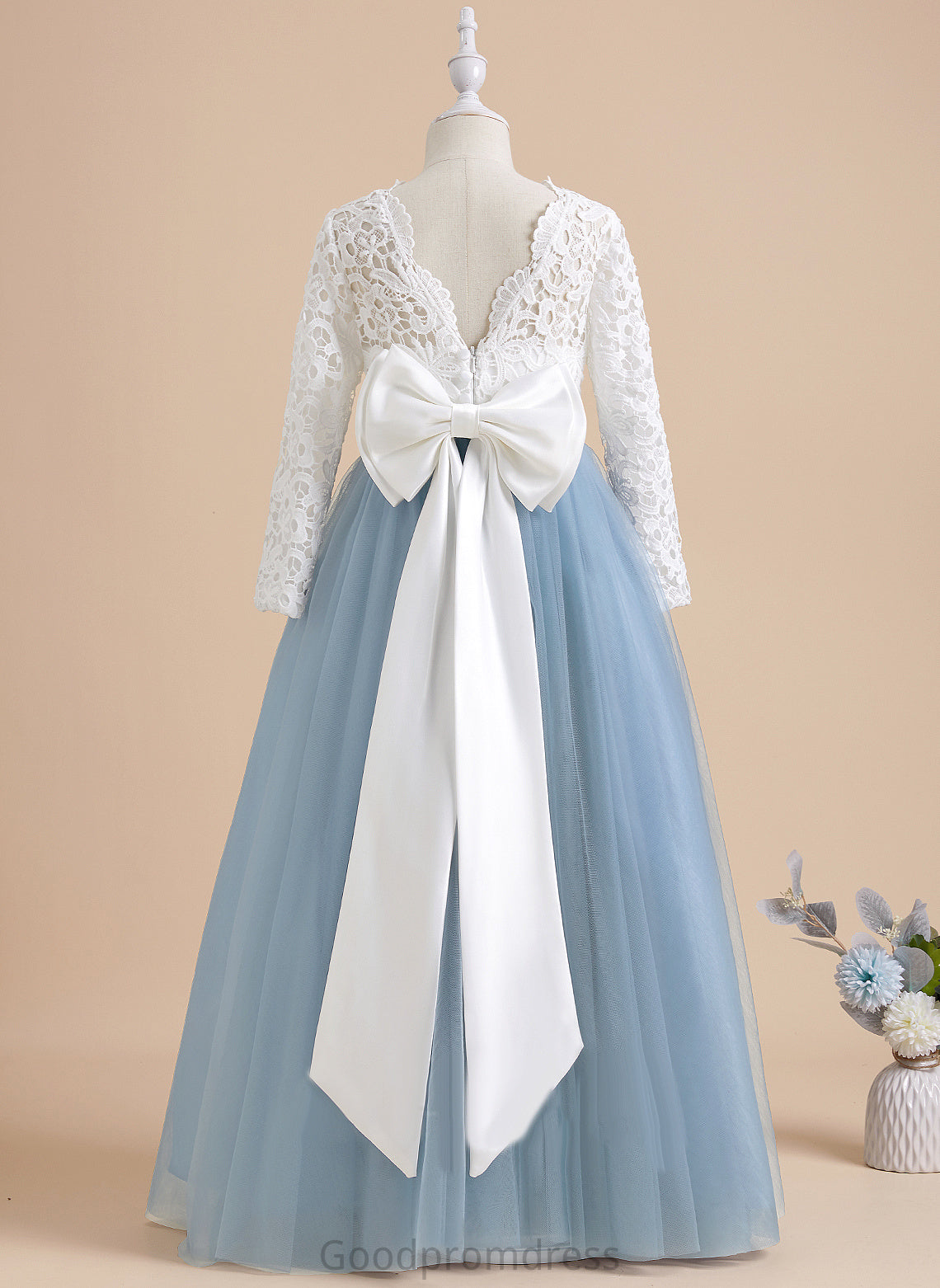 Marisol Dress Bow(s)/V Flower With Scoop Neck Sleeves Floor-length Flower Girl Dresses Ball-Gown/Princess - Long Tulle/Lace Back Girl