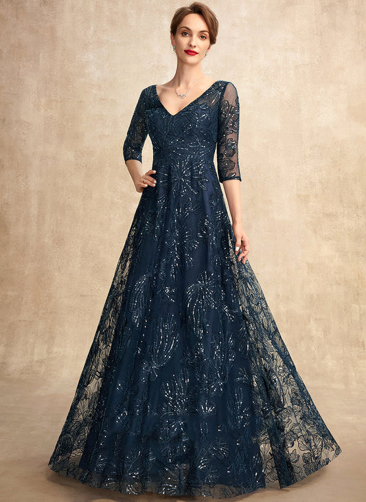 Floor-Length A-Line of Mother of the Bride Dresses Bride Lace Sequins Dress Mother the With V-neck Mara