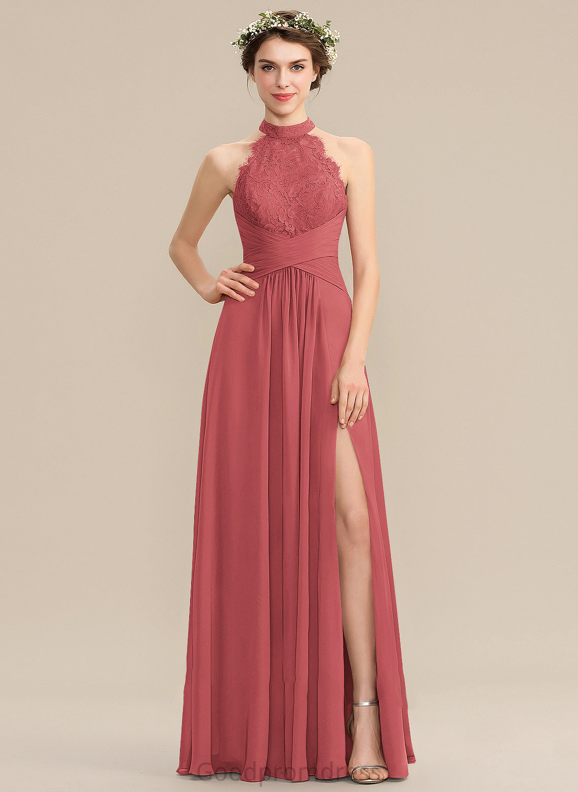 Lace Ruffle High Prom Dresses Front With Split Neck Annika A-Line Floor-Length Chiffon