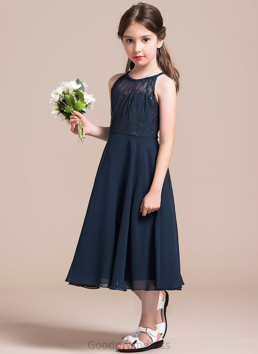 Mckenzie A-Line Junior Bridesmaid Dresses With Scoop Neck Lace Ruffle Tea-Length Chiffon