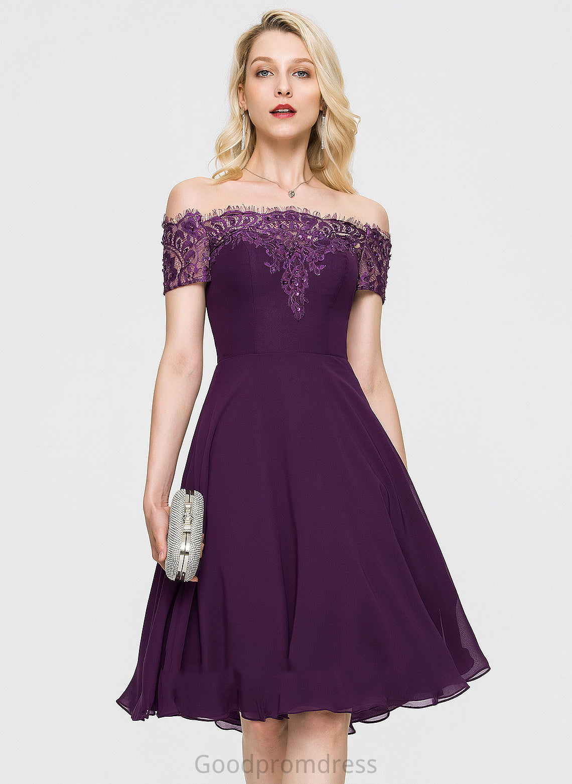 Knee-Length Chiffon With Homecoming Dresses Off-the-Shoulder Jode Homecoming Lace Beading Dress A-Line