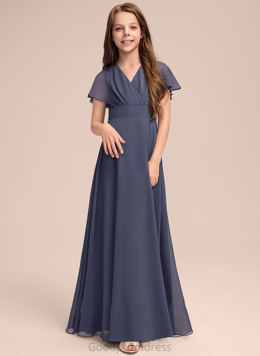 Floor-Length Abigail V-neck Chiffon A-Line Bow(s) Ruffle With Junior Bridesmaid Dresses