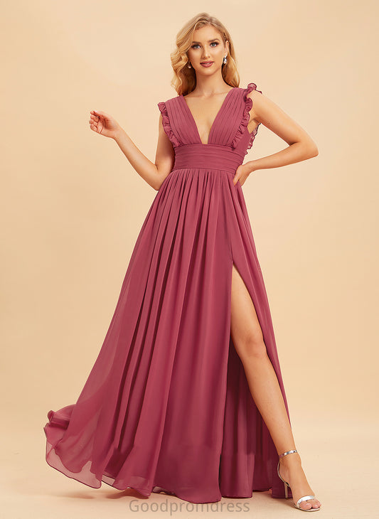 Length Embellishment Silhouette Neckline SplitFront Fabric Ruffle A-Line V-neck Floor-Length Iris Satin Bridesmaid Dresses