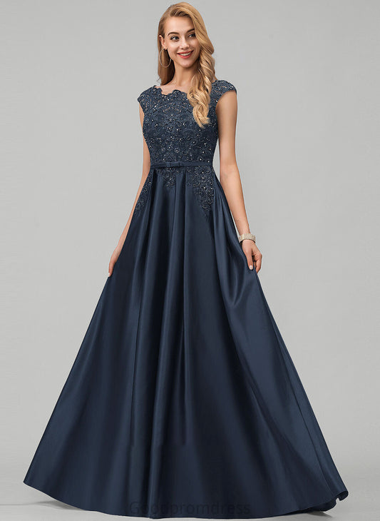 Sequins Prom Dresses Beading Scoop Bow(s) Aryanna Satin Floor-Length Pockets Lace Neck With Ball-Gown/Princess