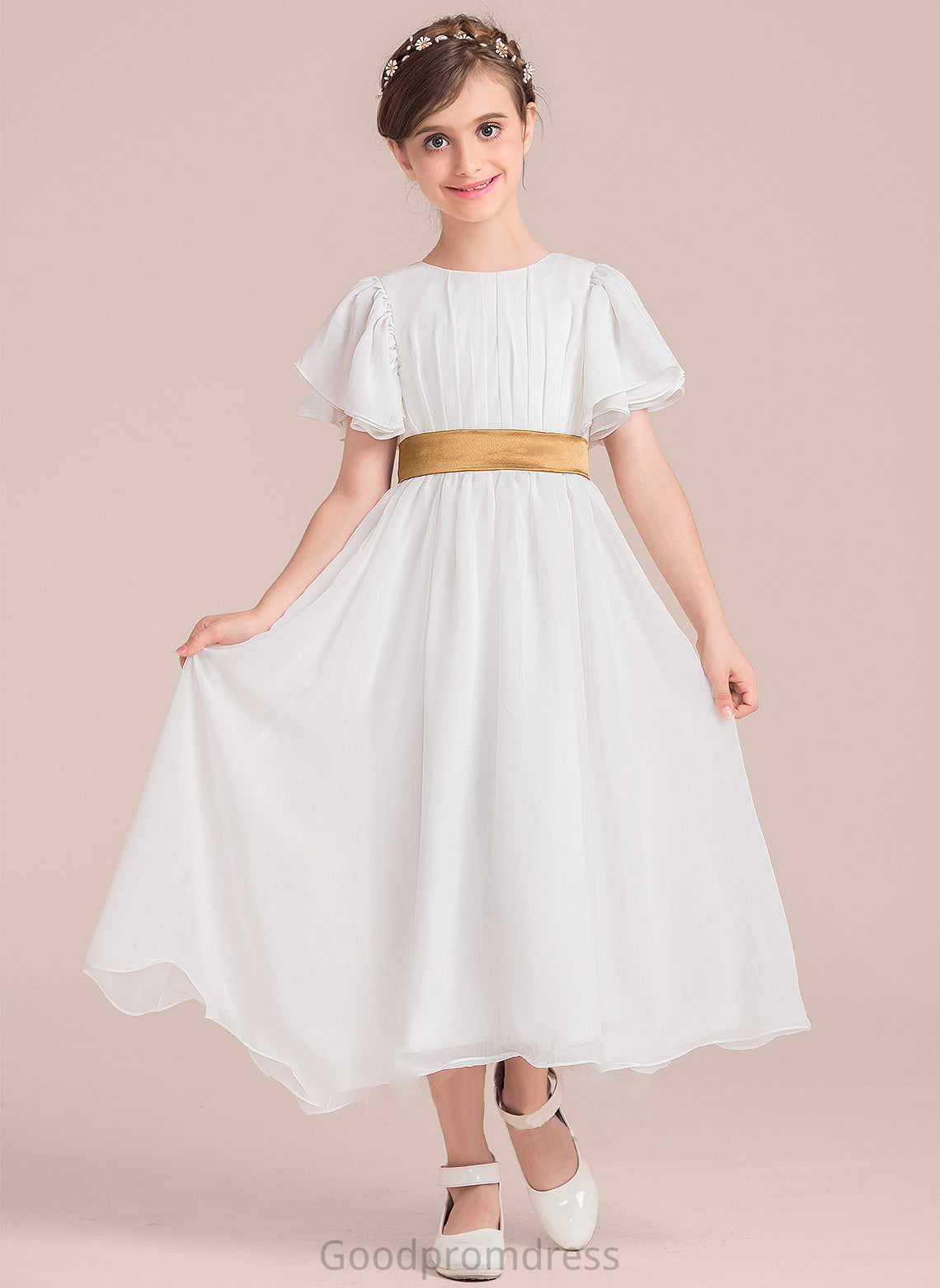 Tea-Length Neck Charlee With Ruffle Junior Bridesmaid Dresses A-Line Sash Chiffon Scoop