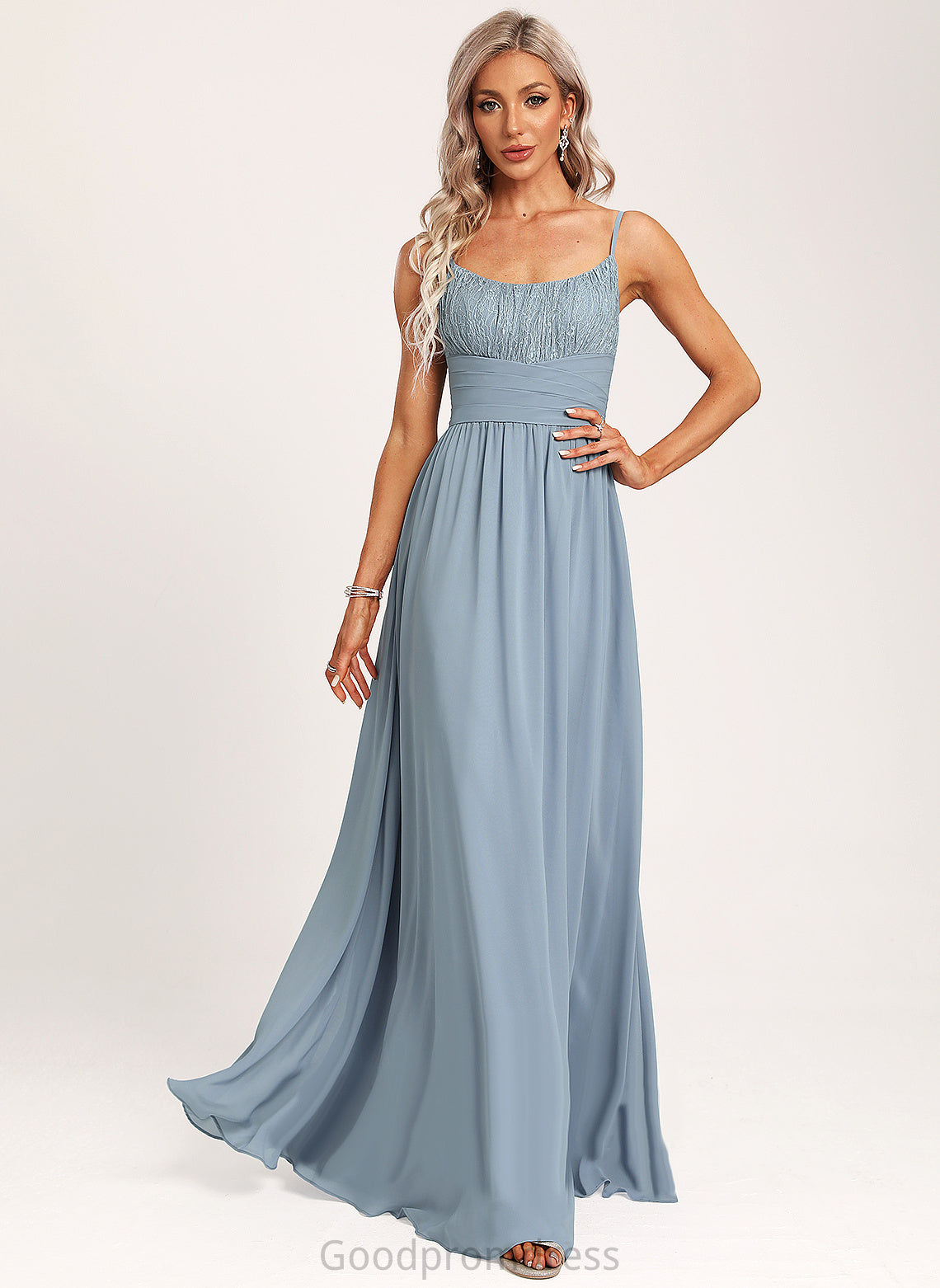 Lace A-Line Fabric Silhouette Floor-Length Neckline Straps&Sleeves Length Scoop Lina Bridesmaid Dresses