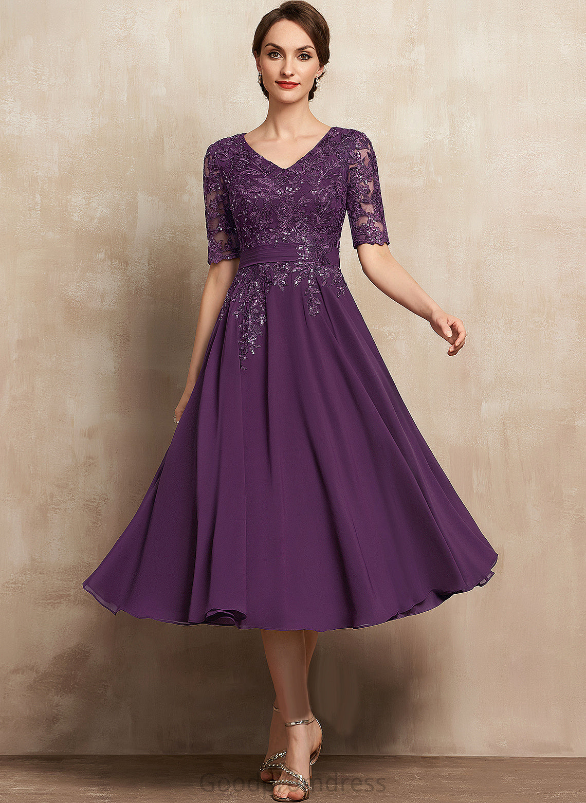 Janelle A-Line Mother V-neck Mother of the Bride Dresses Lace the Sequins Bride Tea-Length of Chiffon With Dress