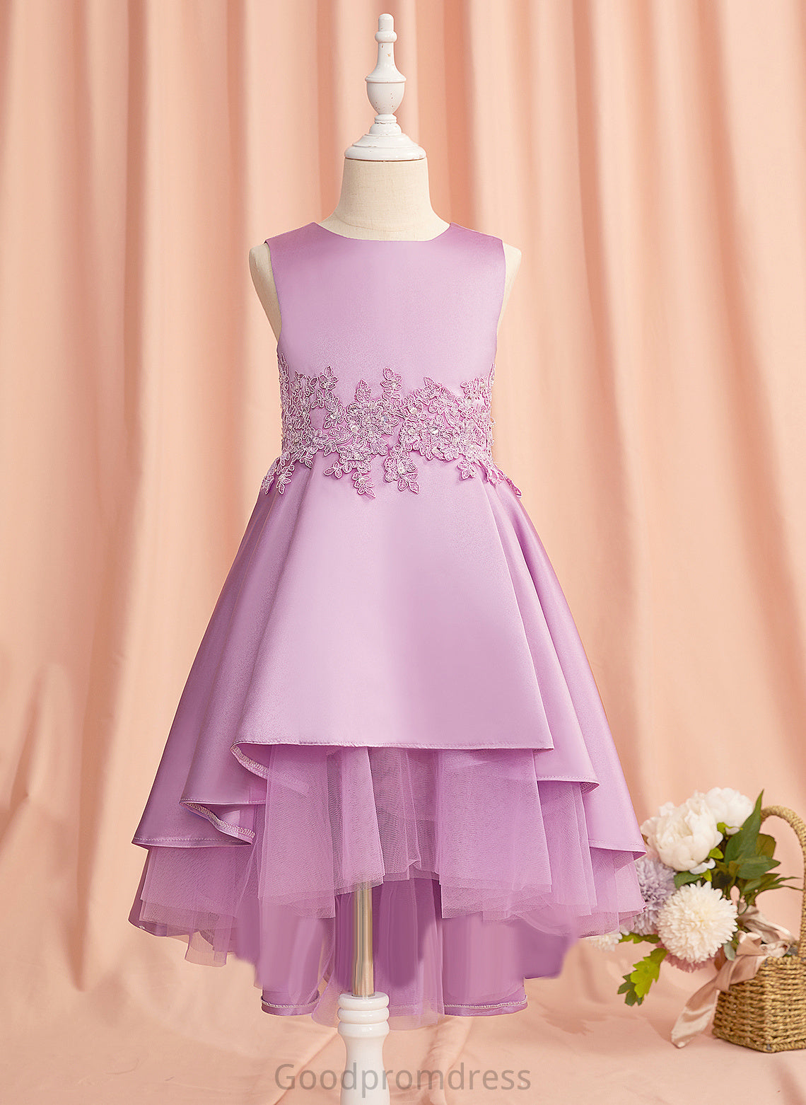 Lace/Beading/Bow(s) Peggie - Satin/Tulle Neck A-Line Scoop Dress With Sleeveless Flower Girl Flower Girl Dresses Asymmetrical