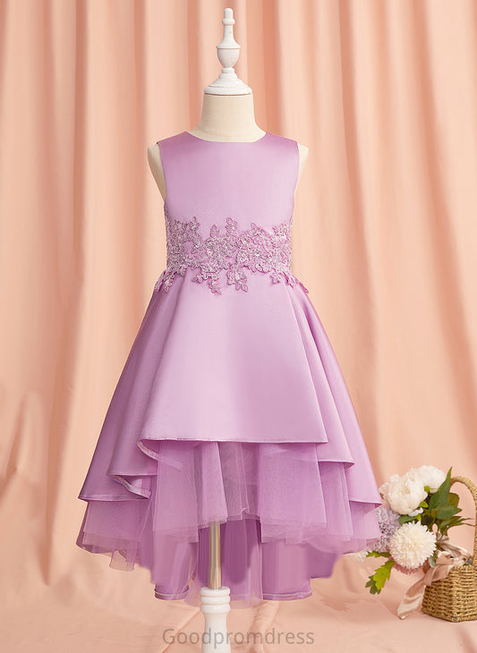 Lace/Beading/Bow(s) Peggie - Satin/Tulle Neck A-Line Scoop Dress With Sleeveless Flower Girl Flower Girl Dresses Asymmetrical