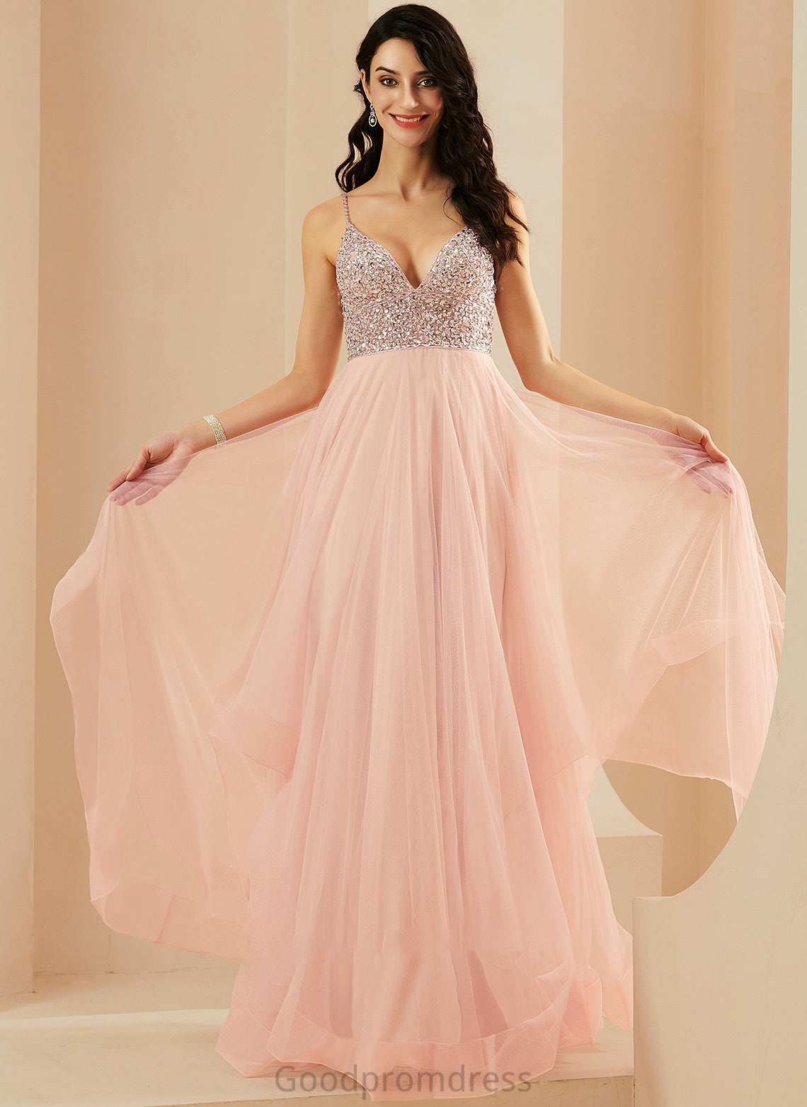 A-Line With Floor-Length V-neck Beading Sequins Selina Tulle Prom Dresses