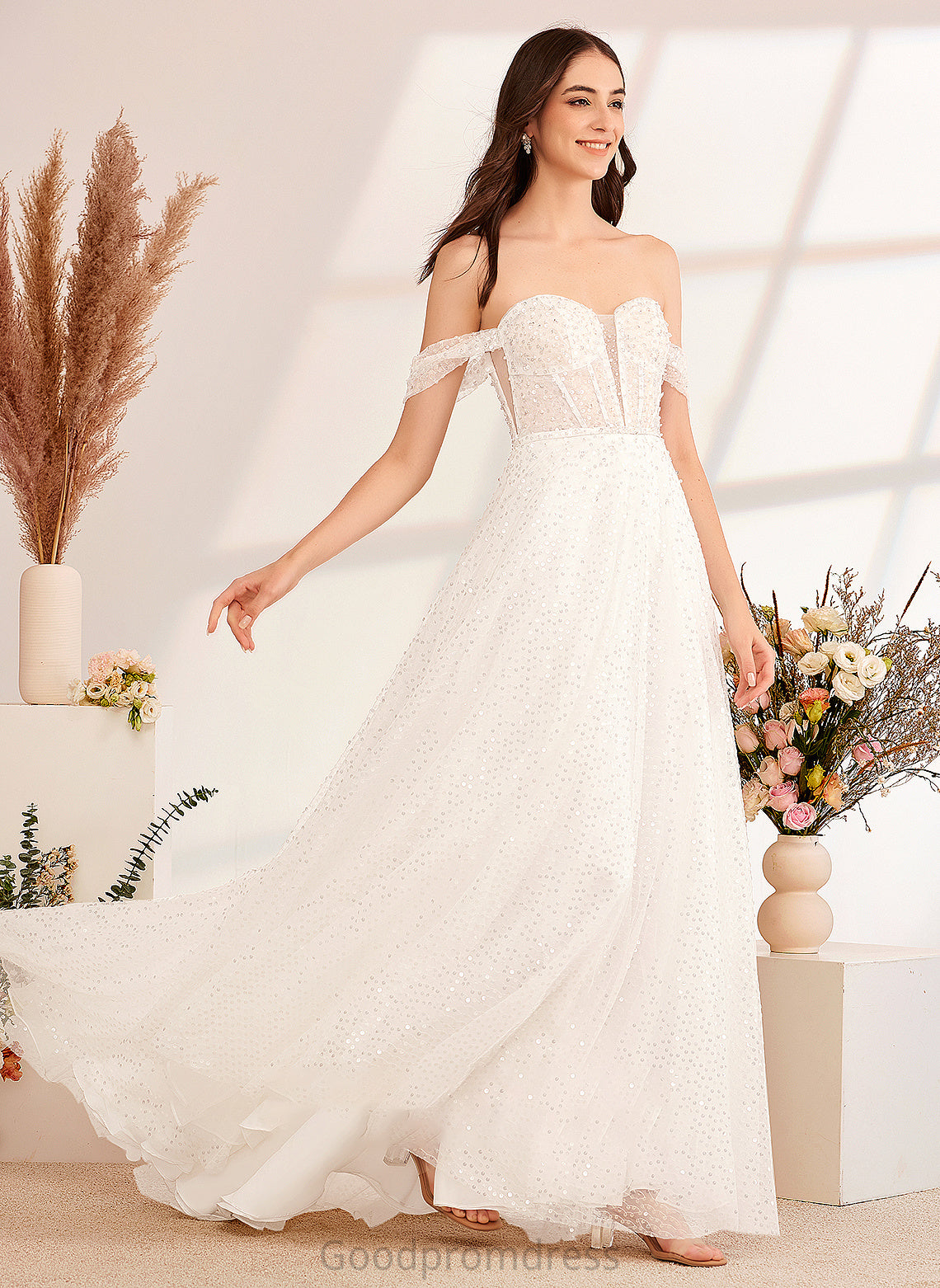 Wedding Dresses Dress A-Line Train With Off-the-Shoulder Janiya Sweep Wedding Sequins