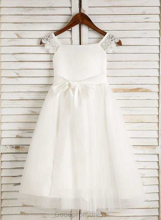 - With Girl Lace/Sash Tea-length Square A-Line Satin/Tulle Dress Flower Neckline Sleeveless Flower Girl Dresses Karsyn