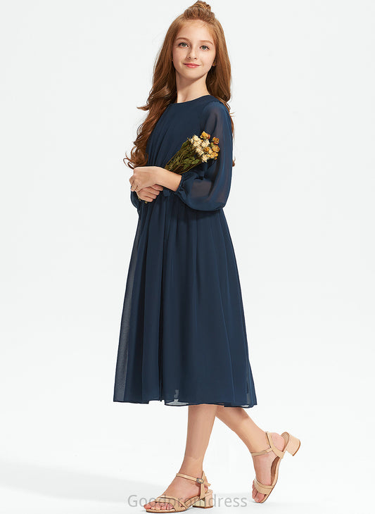 A-Line Sally Scoop Ruffle With Neck Tea-Length Junior Bridesmaid Dresses Chiffon Bow(s)