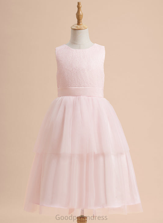 Dress Satin/Tulle With Flower Girl Dresses Flower Scoop Lace Sleeveless A-Line Knee-length Girl - Mabel Neck