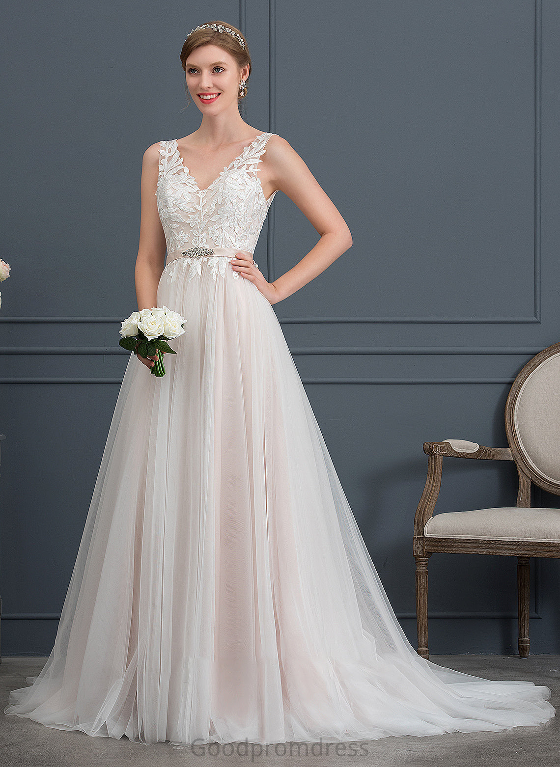 Salome Wedding A-Line Beading Tulle Train Dress Wedding Dresses V-neck Court With