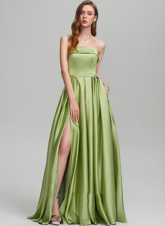 Floor-Length Split Pockets Prom Dresses Satin With Alondra Front Ball-Gown/Princess Strapless